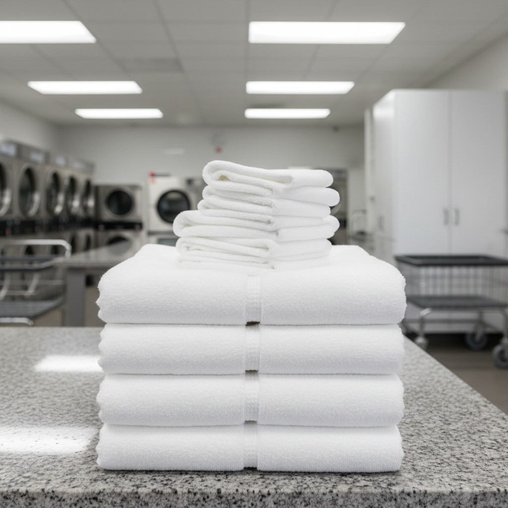 A stack of folded white towels; laundry room in the background.
